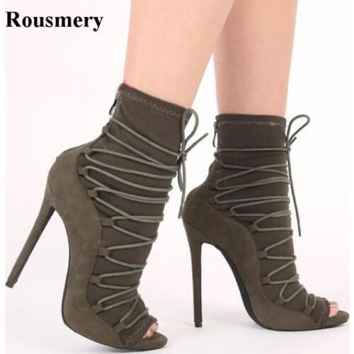 New Arrival Women Fashion Open Toe Suede Leather Lace-up Gladiator Boots Super High Heel Ankle Boots Free Shipping