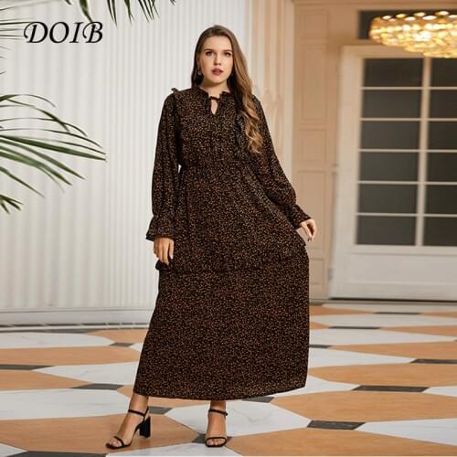 DOIB Print Plus Size Dresses Print Brown V Neck Long Sleeve Large Size Dresses 2020 Autumn Women Maxi Dress 4XL