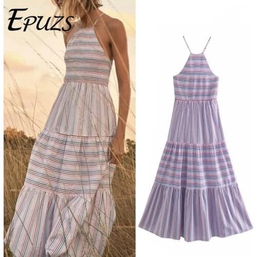 Za 2021 Sexy sleeveless Striped Dress women Summer Elegant Ruched Midi Dress Woman Boho Beach Loose Long Dresses