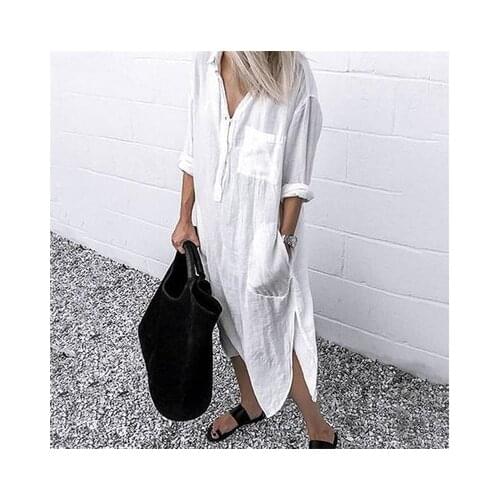Womans Lapel Long Sleeve Spring Dress Cotton Split Dresses Elegant Solid Work Office Vestidos Female Tunic Robe Plus Size 5XL