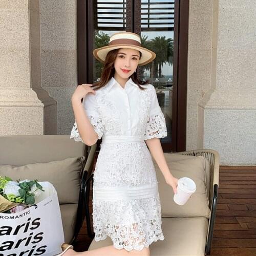 New Vintage White Lace Dress For Woman Flare Sleeve 2021 Summer Turn Down Bodycon Dress Female Elegant Party Mid Dresses Woman