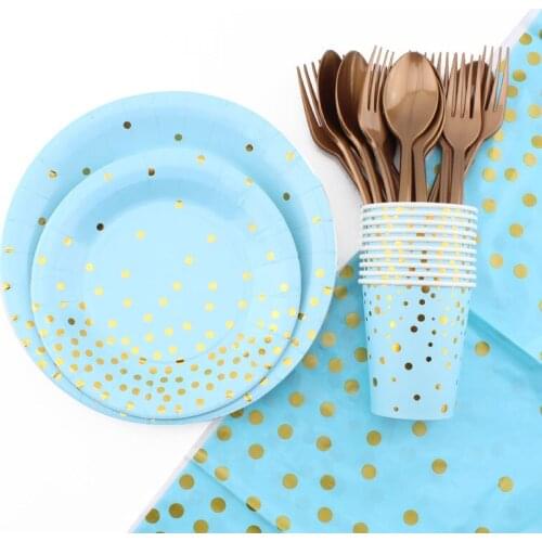 51Pc/Set Polka Dot Hot Stamping Theme Disposable Tableware Baby Birthday Decoration Shower Plate Spoon Party Cup Napkin Supplies