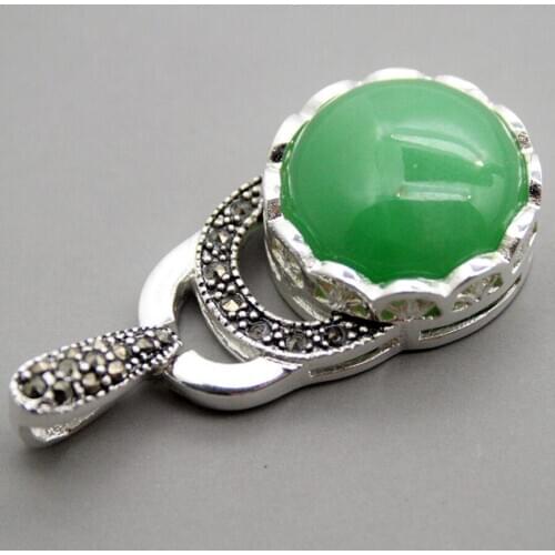 Free Shipping charmming Womens Natural Green jade 925 Silver Sterling Marcasite Pendant 4x2cm