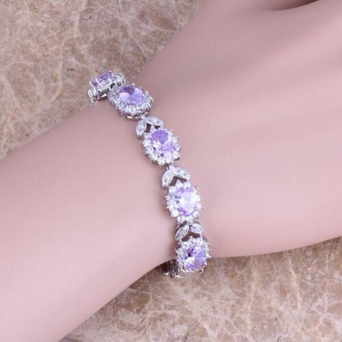 Glamorous Purple Cubic Zirconia White CZ Silver Plated Link Chain Bracelet 7 inch S0399