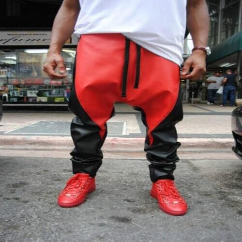 27-44 Hip Hop Men Pu Leather Pants Stitching Low Cross-strap Harem Pants Stage Performance Wild Casual Pants New Hair Stylist