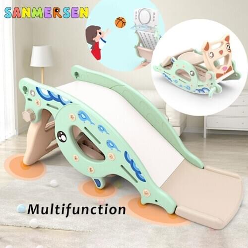 Baby Slides Toys Rocking Horse Amusement Park Equipment Indoor Multifunction 4 In 1 Slide Ride Horse Basketball Hoop Shoot Gift