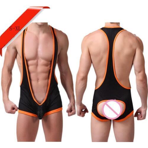 Erotic Mens Sexy Lingerie Bodyshaper Bulge Pouch Underwear Open Hips Wrestling Singlet Black Mesh Suspender Hollow Out Leotard