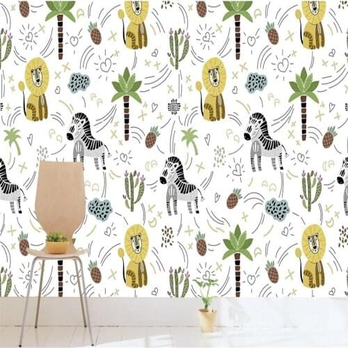 Milofi custom 3D wallpaper mural hand-painted cartoon small animal lion zebra living room bedroom background wall decoration