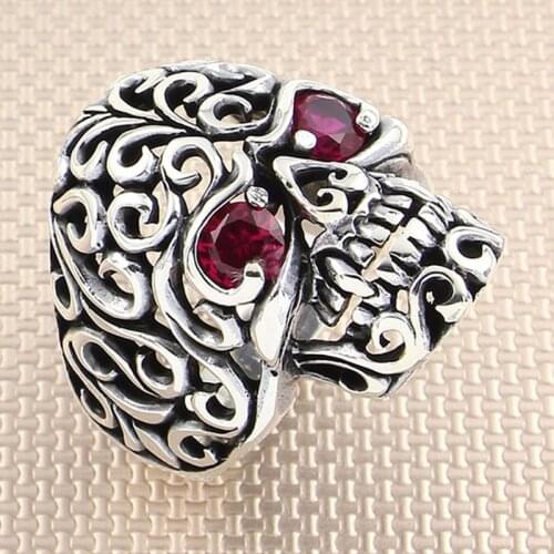Mens Gothic Skull Biker Ring Real Pure Sterling Silver 925 Natural Red Zircon Stone Handmade Turkish Jewelry