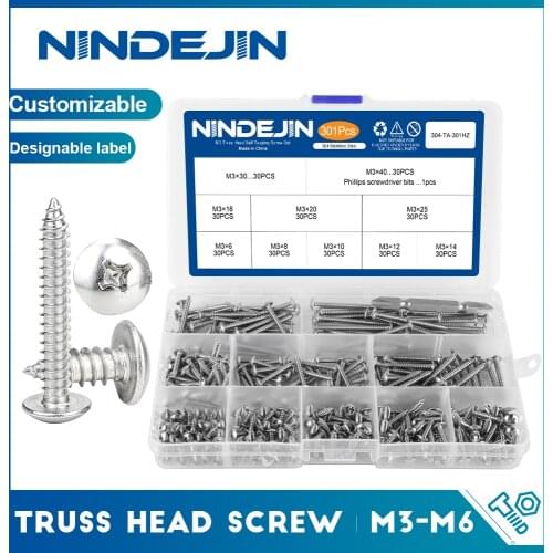 NINDEJIN Cross Recess Truss Head Screw Set M3 M4 M5 M6 Stainless Steel Phillips Self Tapping Screw Kit