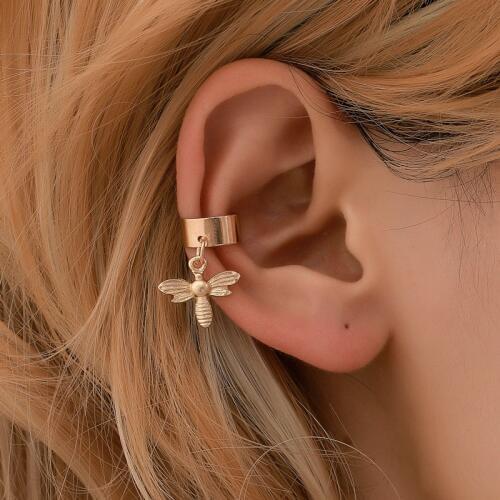 Punk Gold Color Little Bee Pendant Ear Cuff Cartilage Ear Clip for Women No Pierced Small Crystal Earcuff Clips Jewelry E322