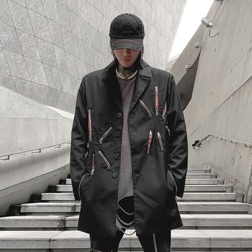 Rock punk trench coat men Zippers Harajuku stylish Hiphop Black color Autumn Winter