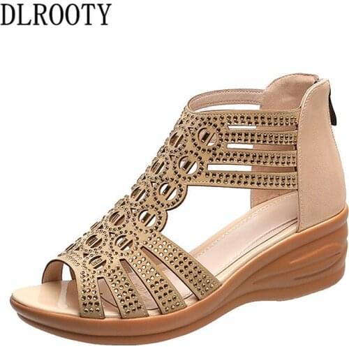 Women Sandals New Summer Fashion Hollow Gladiator Wedges Shoes Woman Slides Peep Toe Solid Lady Casual Zip Platform