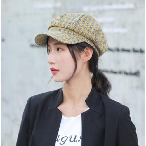 Korean Style Literary Tartan Plaid Summer Spring Decorative Beret Outdoor Woman Checked Cotton Hats Artist Octagonal Caps