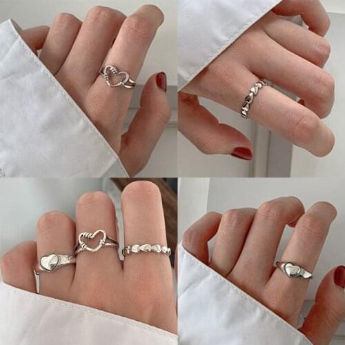 2021 Korean Style Love Open Ring Female Personality Simple Wild Hollow Adjustable Girls Fashion Retro Jewelry Heart Open Rings