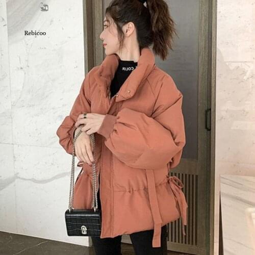 Women Standing Collar Draw Rope Waist Down Cotton Coat Women Winter New Korean Baguette Warm Jacket