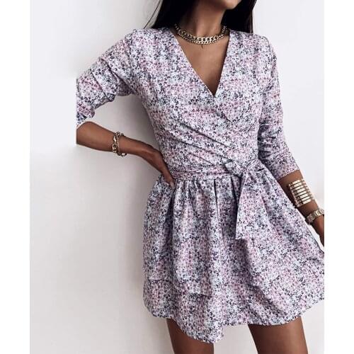 2021 New Women Spring V Neck Floral Print Dress Casual Long Sleeve Ruffles Short Dress Bohemian Female A Line Sashes Vestidos