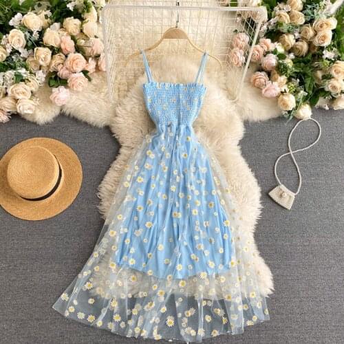 Small daisies embroidery mesh dresses women 2021 sexy off the shoulder french vintage party ruffle dresses elegant vestidos
