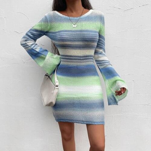 Echoine Autumn Triped Print Patchwork Mini Dress Flare Sleeve Knitted Warm Party Dress Winter Sexy Backless Vestidos Clubwear
