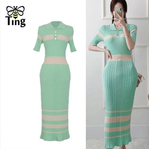 Tingfly Women Summer Autumn Knitwear Striped Bodycon Sheath Midi Long Dress Stretchy Knit Lapel Collar Vestidos Elbise Mujer Za