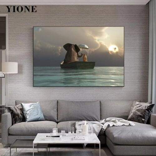Animal Accompany Art Canvas Painting Abstract Elephant Sunrise Moonlight Landscape Wall Picture for Living Room Posters Prints