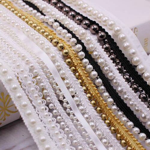 1 Yard White Black Gold Pearl Lace Trim Crease Mesh Ribbon Lace Fabric Collar Dress Sewing Garment Headdress Materials 3/4/6/8mm