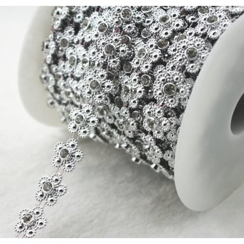 10y/roll 15mm silver flower Pearl Rhinestone Chain Trims Sewing Costume Applique LZ140