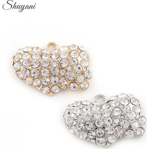 19*28mm 2 Color Gold Tone Crystal Rhinestones Heart Charm Pendant DIY Metal Bracelet Necklace Jewelry Findings
