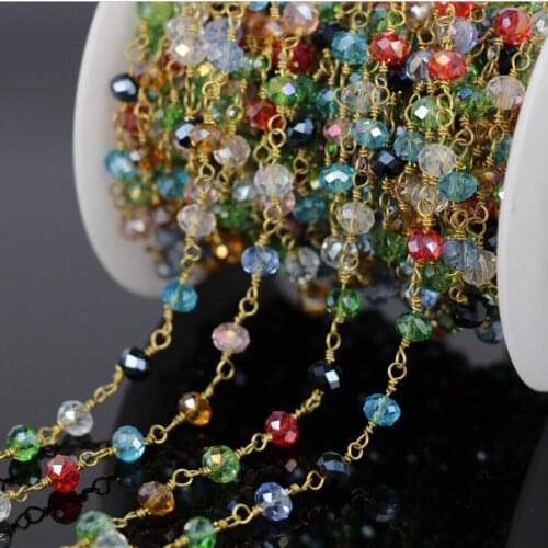 5Meter Mixed colour Glass Beaded Wire Wrapped Chain,Rosary Faceted Brass Plated Chain,Women Necklace bracelet Jewelry Findings