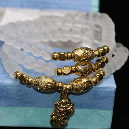 Free shipping multilayer bracelets white frosted matte crystal 6mm round beads diy charms gold-color pendant jewelry B2247
