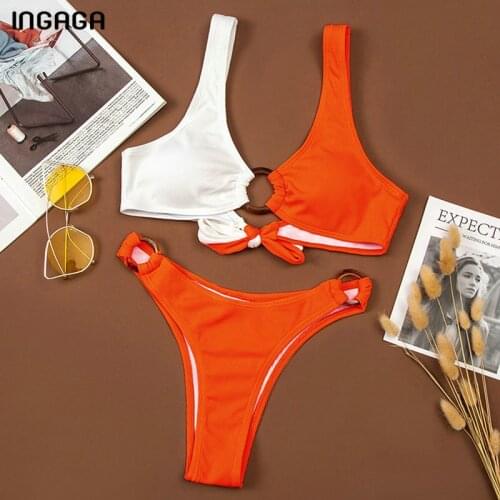 INGAGA Ribbed Bikinis Ring Swimsuits Women Swimwear Push Up Bathing Suits Solid Patchwork Beachwear Sexy Bow Biquini 2021 New