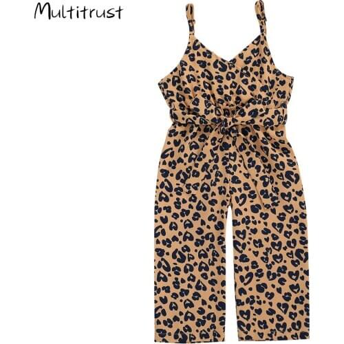 2020 Kids Girls Floral /Leopard print Rompers Pants Sleeveless V Neck Belt Summer Jumpsuits 8Colors 1-6Y