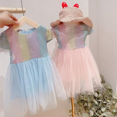 Childrens princess dress girls summer 2021 new short-sleeved baby rainbow mesh shiny casual toddler dress kids clothing