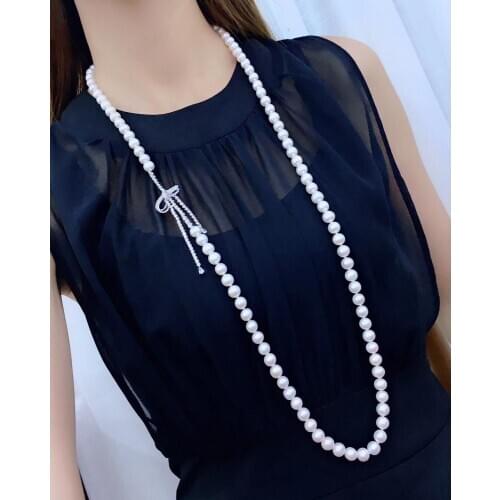 8-9MM natural fresh water pearl long necklace sweater chain 925 sterling silver with cubic zircon bowknot necklace 85CM