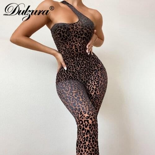 Dulzura 2021 Autumn Winter Women Leopard One Shoulder Strap Jumpsuit Skinny Sexy Streetwear Party Club Rompers