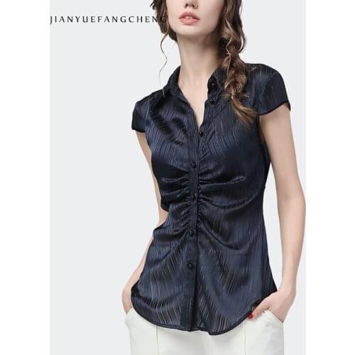 Elegant Slim Striped Satin Shirt Women Summer Short Sleeve Shirred V-Neck Top Fitted Waist Temperamental Ladies Office Blouses