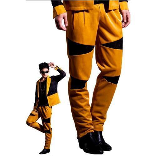 Black Singer costumes splice motorcycle 1 pu pants men 1 pants man stage trousers faux leather pants mens Provide custom