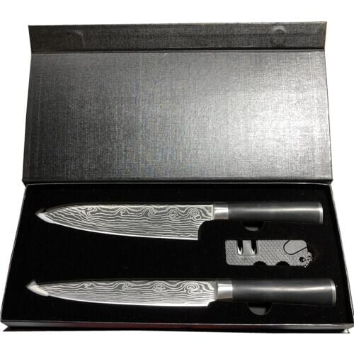Kitchen Knives Damascus Veins Stainless Steel Knives Color ABS Handle Paring Utility Santoku Slicing Chef Knife with Sharpener