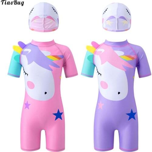 TiaoBug Summer Kids Girls One-Piece Swimsuit With Hat Short Sleeve Round Neckline Zipper Back Cute Cartoon Print Swimwear Bikini