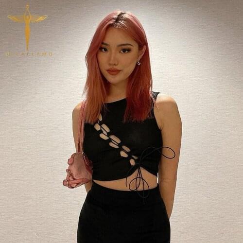 O-Neck Sleeveless Bandage Tank Top Womens Summer Streetwear Skinny Black Crop Tops Femme Sexy Hollow Tank Vest Slim INS Camisole