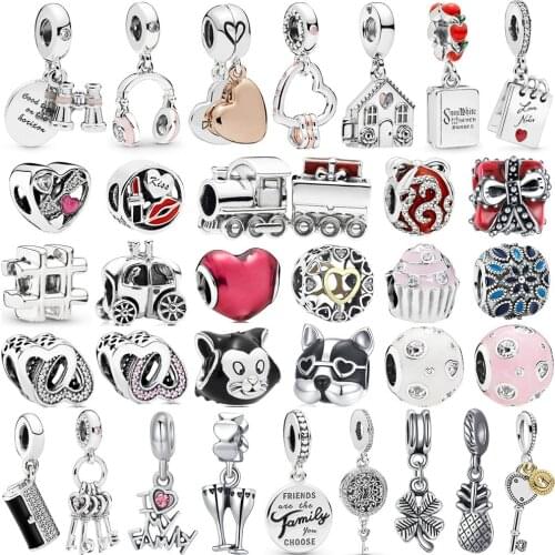 New Cute Cat Dog Train Gift Box Cake Pendant Suitable for Original Pandora Charm Bracelet Necklace Lady DIY Jewelry