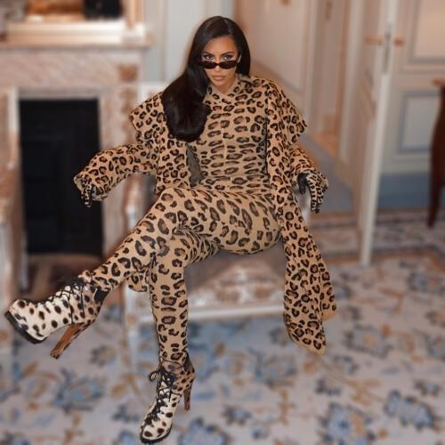 Sexy Leopard Jumpsuit Wild Long Sleeve Party Animal Print High V Neck Rompers Kim Kardishian Featured Bodycon Jumpsuits