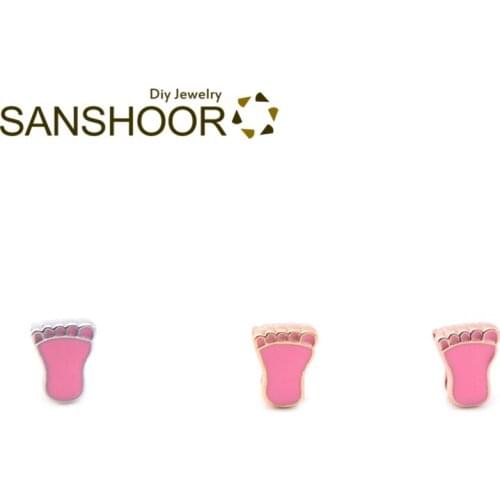 SANSHOOR Lovely Pink Foot Slide Charms Fit 8mm Width Wrap Leather Keeper Bracelet For Toddler Childs Women Christmas Gifts 6pcs
