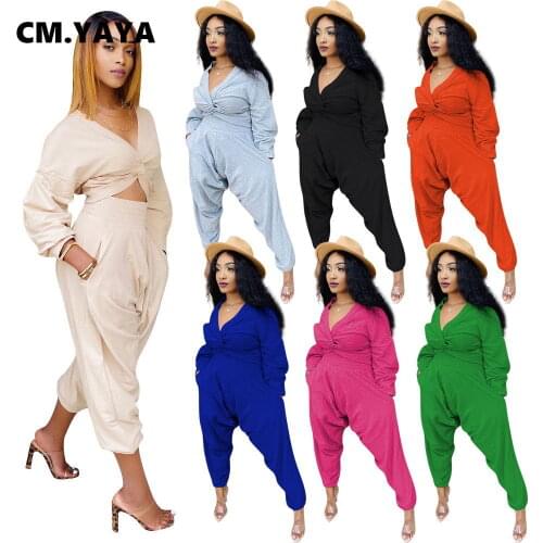 CM.YAYA Activewear Womens Set Bow Knot V-neck Crop Top Haren Pants Matching Set Sporty Tracksuit Fitness Two Piece Set Outfit