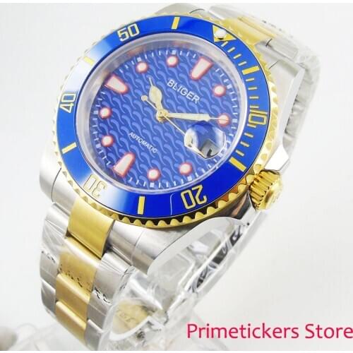 Mental strap wiith gold plated 40mm blue dial sapphire glass date automatic movement wristwatch