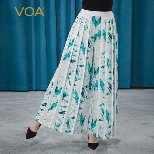 VOA20m/m Silk Jacquard Bottom Blue Printing Dyeing Waist Flat Insert Bag Colliding with Pleated Wide Legged Pants Woman KE222