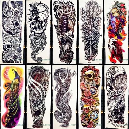 Waterproof Full Arm Tattoo Sticker Rose Clock Skull Sword Machine Tatoo Body Leg Art For Men Women Fake Temporary Tattoo Sticker