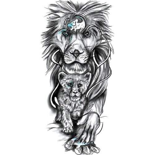 Temporary Tattoo Stickers Black Realistic Lion Blue Ink Lines Design Fake Tattoos Waterproof Tatoos Arm Large Size for Women Men