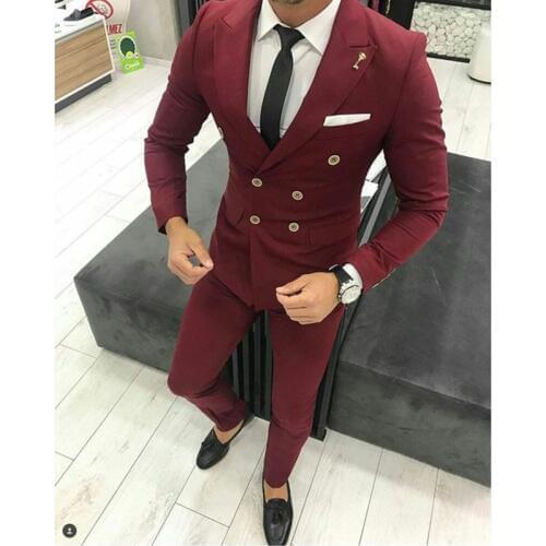 High Quality Double Breasted Wine Groom Tuxedos Peak Lapel Groomsmen Mens Suits Blazers (Jacket+Pants+Tie) W:693