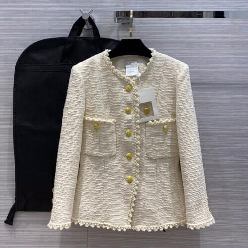 Womens American European and wear 2021 summer new style Long - sleeved round collar single - breasted Fashionable tweed coat